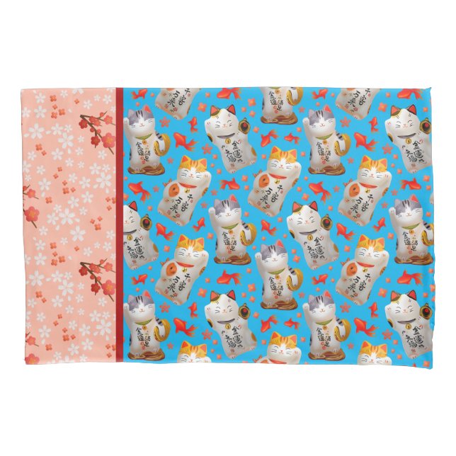 Retro Maneki Neko Japanese Waving Lucky Cat Koi Pillow Case (Front-Left)