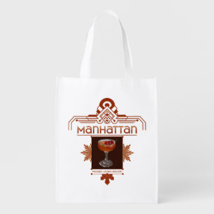 Retro Manhattan Cocktail Illustration Grocery Bag