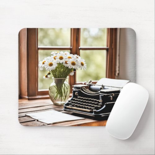 Retro Manual Typewriter With Daisies Mouse Pad