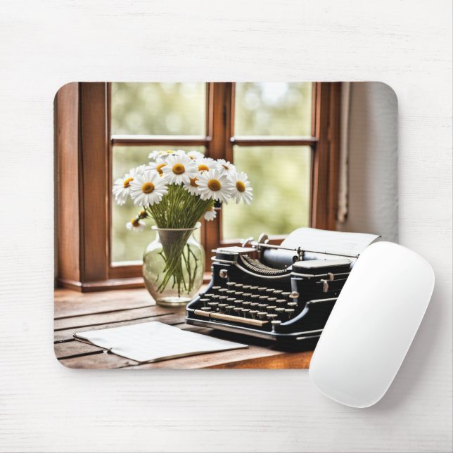 Retro Manual Typewriter With Daisies Mouse Pad (With Mouse)