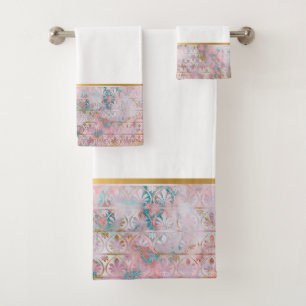 RETRO MARBLE FLOWER PINK AQUA BATHROOM TOWEL SET