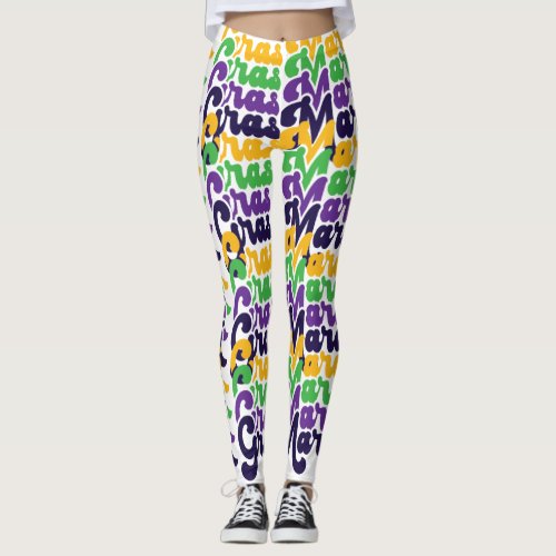 Retro Mardi Gras Colorful Text Typography Trendy Leggings