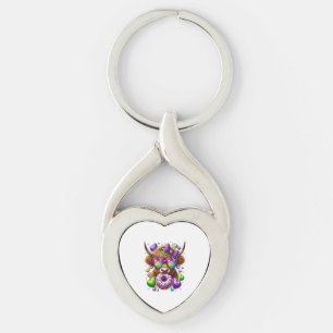 Retro Mardi Gras , Highland Cow Keychain
