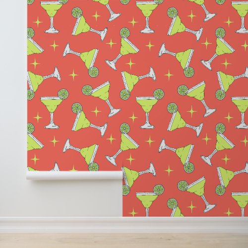 Retro Margarita Cocktails Pattern Coral Pink Wallpaper