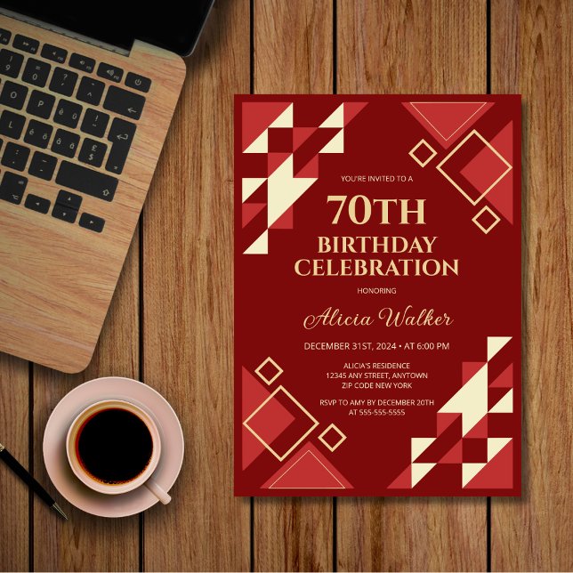 Retro Maroon Beige Triangle Geometric Birthday  Invitation (Creator Uploaded)