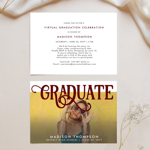 Retro Maroon Photo Virtual Graduation for Girls Invitation