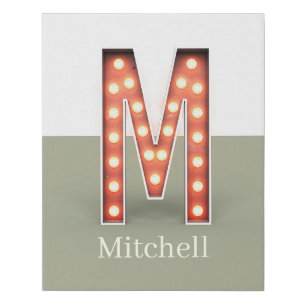 Retro Marquee Letter M Personalized Faux Canvas Print