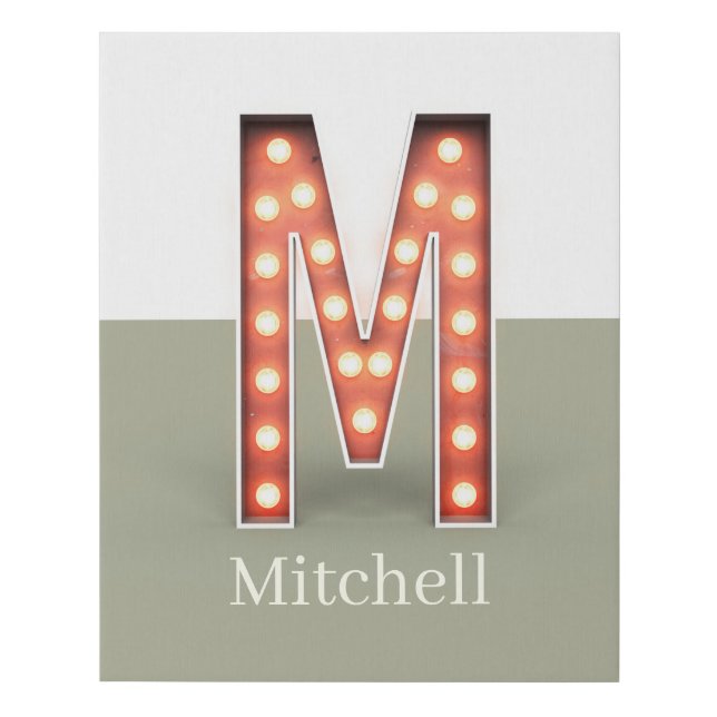 Retro Marquee Letter M Personalized Faux Canvas Print (Front)