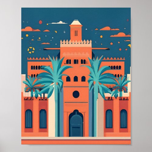 Retro Marrakech Morocco Landscape Flat Vector Art Poster