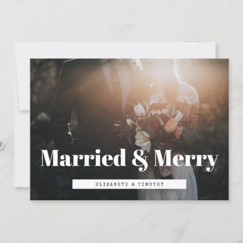 Retro Married and Merry newlyweds wedding photo Holiday Card