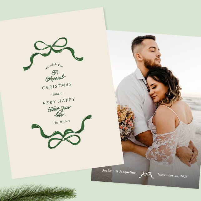 Retro Married Bows Cream & Green Photo Holiday Card (Creator Uploaded)