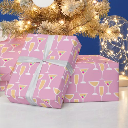 Retro Martini Cocktail Flute Glass Festive Pink  Wrapping Paper