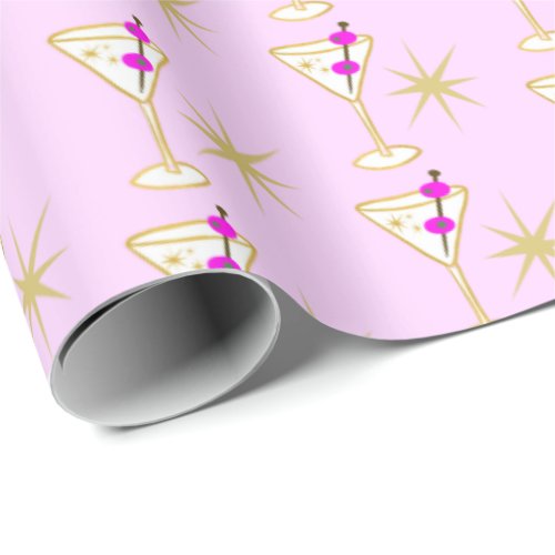 Retro Martini Cocktail Glass Festive Pink Olive  Wrapping Paper