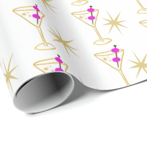 Retro Martini Cocktail Glass Festive Pink Olive Wrapping Paper
