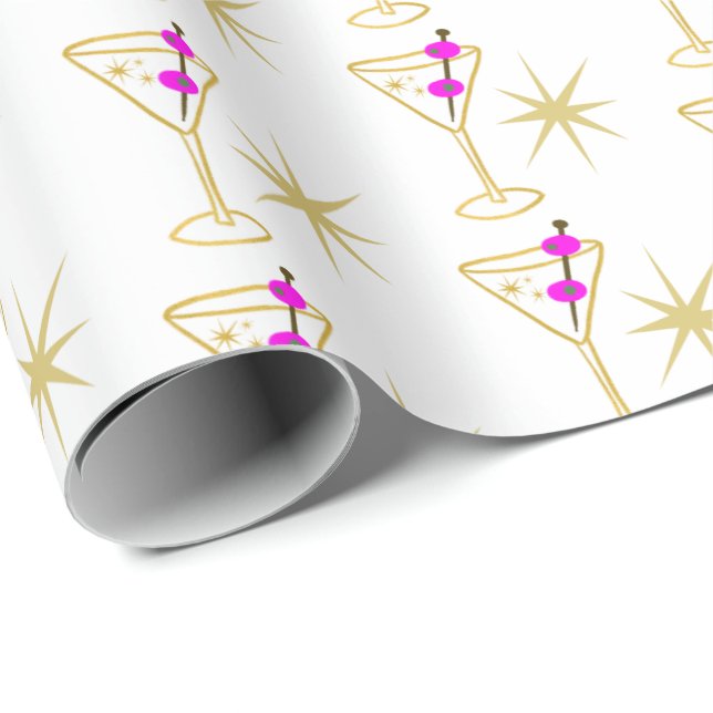 Retro Martini Cocktail Glass Festive Pink Olive Wrapping Paper (Roll Corner)