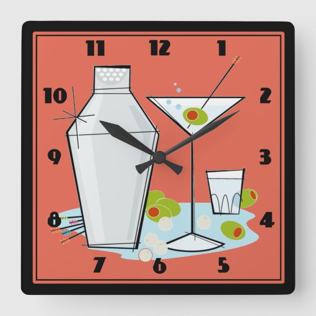 Retro Martini Cocktail Time Salmon Square Wall Clock (Front)