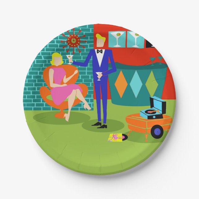 Retro Martini Couple Paper Plates (Front)
