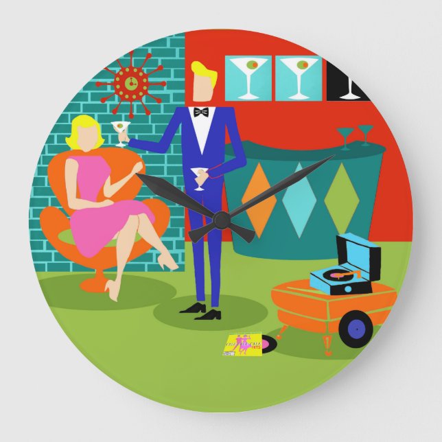 Retro Martini Couple Round Acrylic Wall Clock (Front)