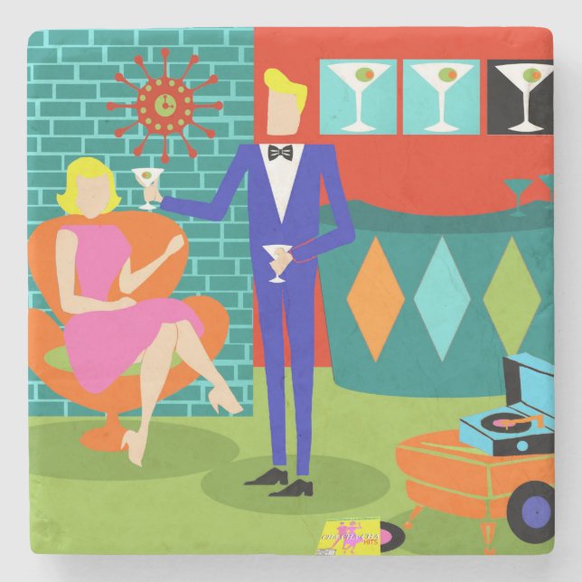 Retro Martini Couple Stone Coaster (Front)