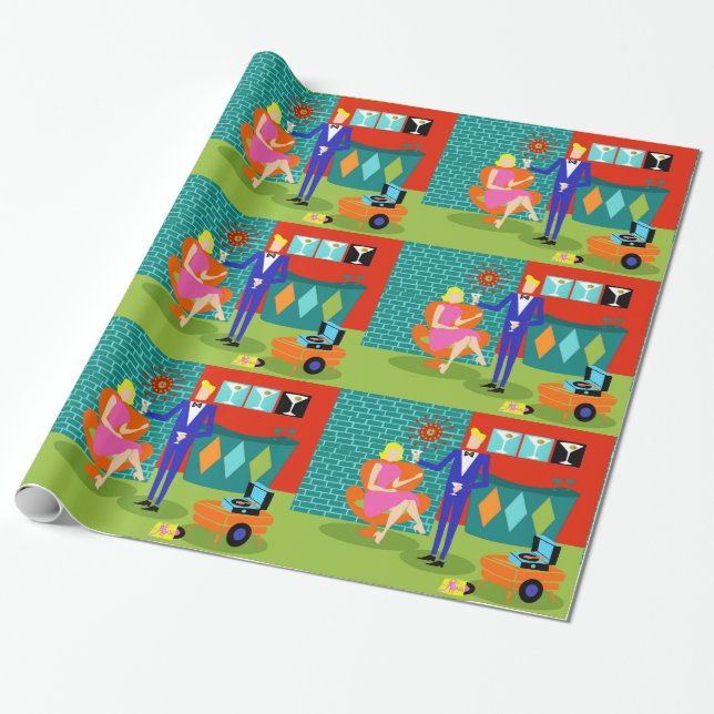 Retro Martini Couple Wrapping Paper (Unrolled)