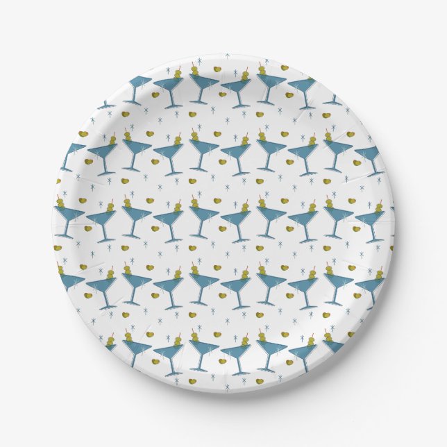 Retro Martini Madness Striped Paper Plates (Front)