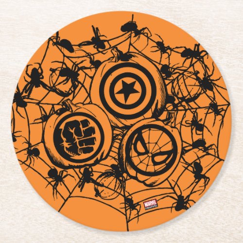 Retro Marvel Hero Logos Jack_o_lanterns In Web Round Paper Coaster