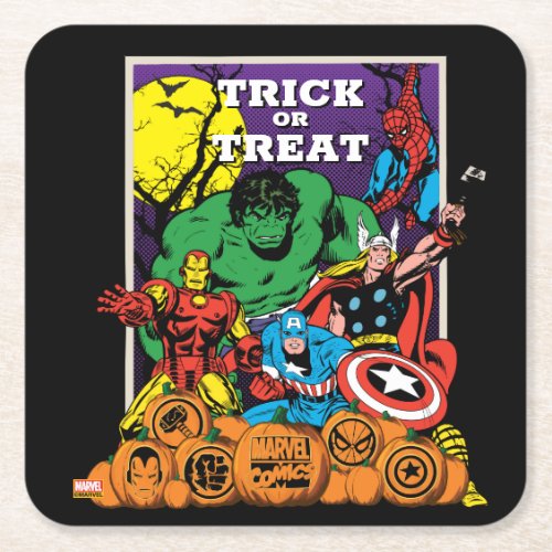 Retro Marvel Heroes With Jack_o_lanterns Square Paper Coaster