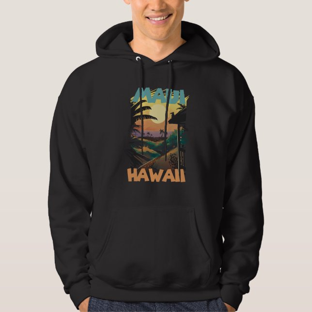 Retro Maui Hawaii Palm trees Ocean Surfing Hoodie (Front)
