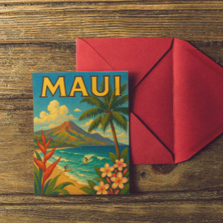 Retro Maui Hawaii Surfer Paradise Travel Postcard