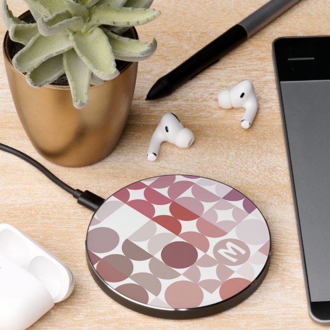 Retro Mauve Taupe Blush Pink Pop Art Pattern Wireless Charger (Desk 2)