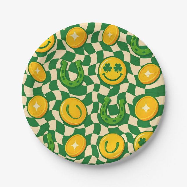 Retro Maximalist Checkerboard St. Patrick's Day  Paper Plates (Front)