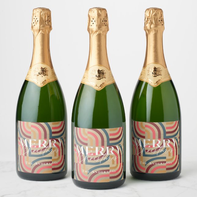 Retro Maximalist Geometric Gold Christmas Sparkling Wine Label (Bottles)