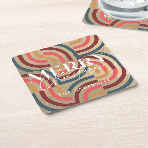 Retro Maximalist Geometric Gold Christmas Square Paper Coaster