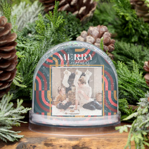 Retro Maximalist Geometric Navy Christmas Photo Snow Globe