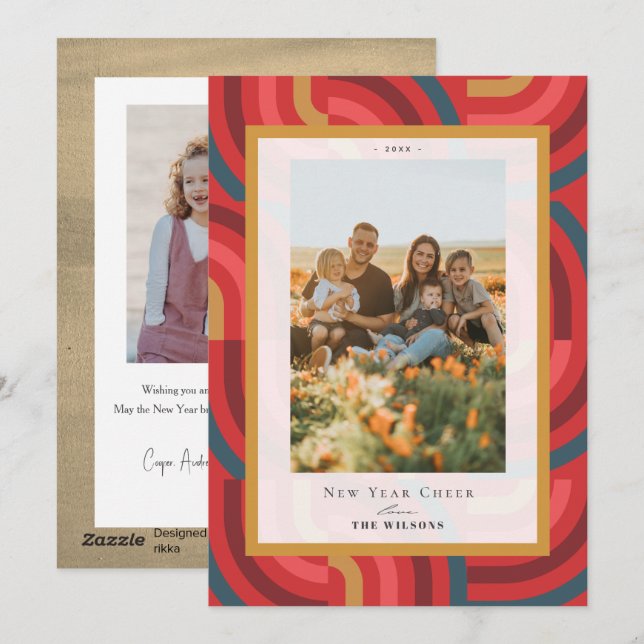 Retro Maximalist Geometric Red 2 Photo New Year Holiday Card (Front/Back)