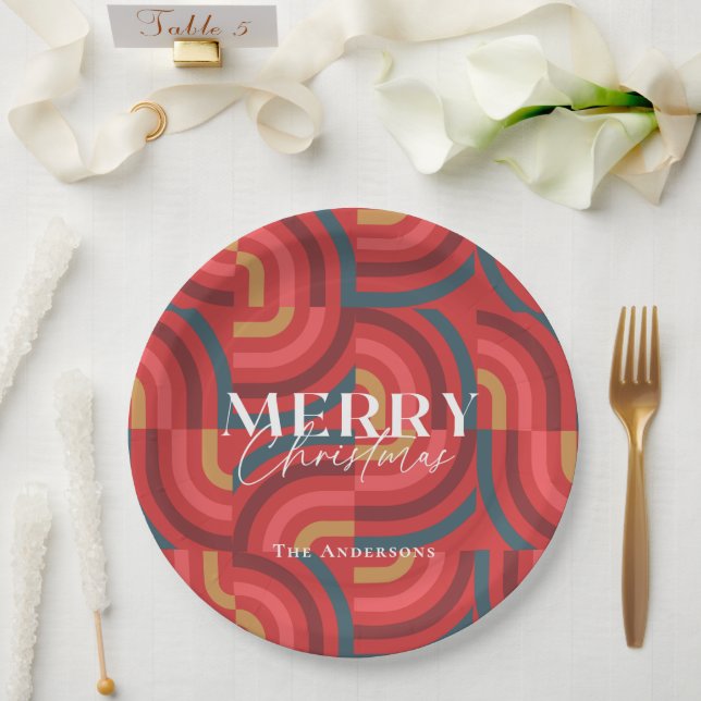 Retro Maximalist Geometric Red Christmas Paper Plates (Wedding)