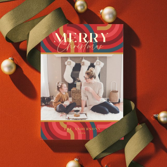 Retro Maximalist Geometric Red Christmas Photo Foil Invitation (Creator Uploaded)