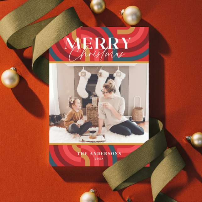 Retro Maximalist Geometric Red Christmas Photo Invitation (Creator Uploaded)