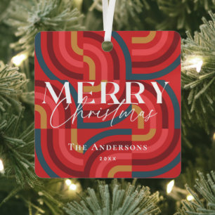 Retro Maximalist Geometric Red Christmas Photo Metal Ornament