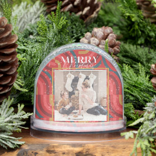 Retro Maximalist Geometric Red Christmas Photo Snow Globe