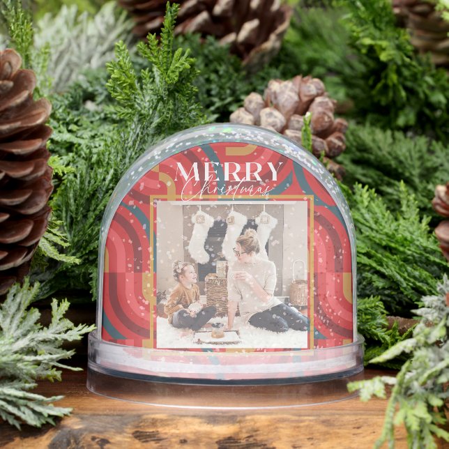 Retro Maximalist Geometric Red Christmas Photo Snow Globe (Winter)
