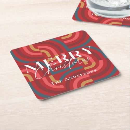 Retro Maximalist Geometric Red Christmas Square Paper Coaster