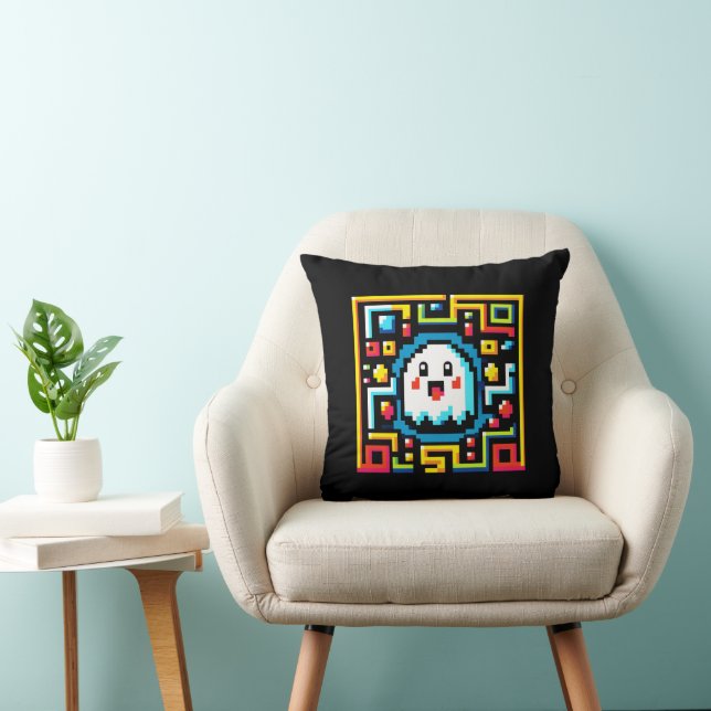 Retro Maze Runner: Pixel Ghost Throw Pillow (Chair)