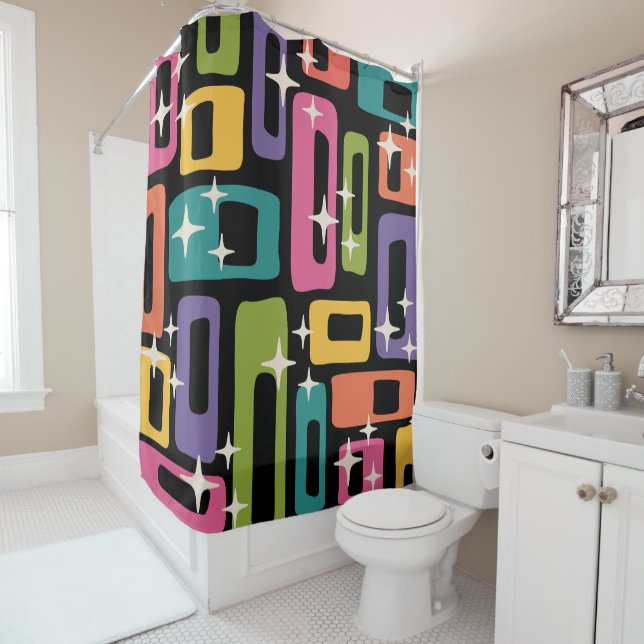 Retro MCM Abstract Atomic Age Pattern Shower Curtain (In Situ)