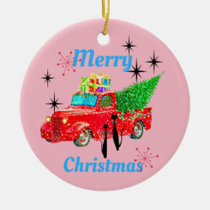 Retro MCM Cool Cat Red Truck Tree Ceramic Ornament