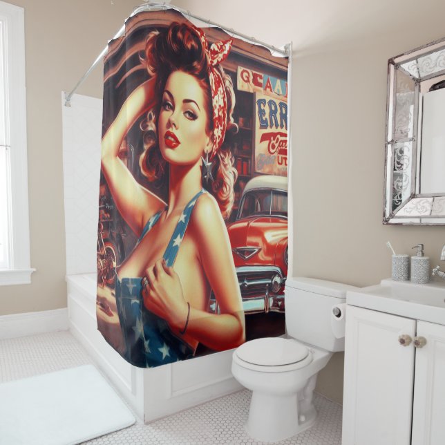 Retro Mechanic Girl Shower Curtain (In Situ)