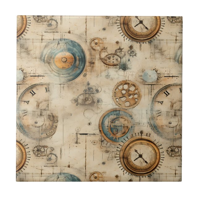 Retro Mechanical Blueprint Sepia Brown Ceramic Tile (Front)
