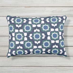 Retro Mediterranean Tiling Navy Blue White Outdoor Pillow