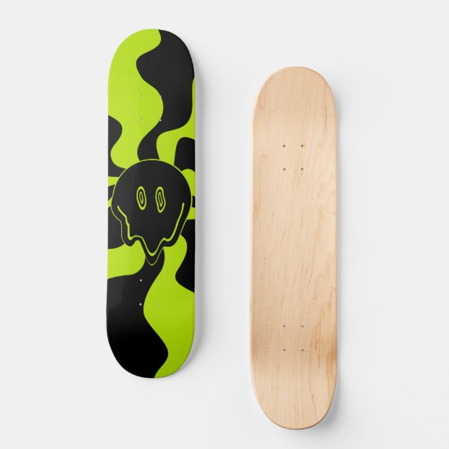 Retro melting smile in Lime Green and black Skateboard (Front)