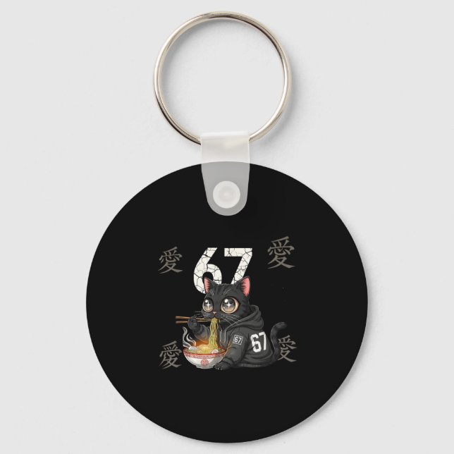 Retro Meme 67 Six Seven 6 7 Cat Ramen Japanese Kaw Keychain (Front)